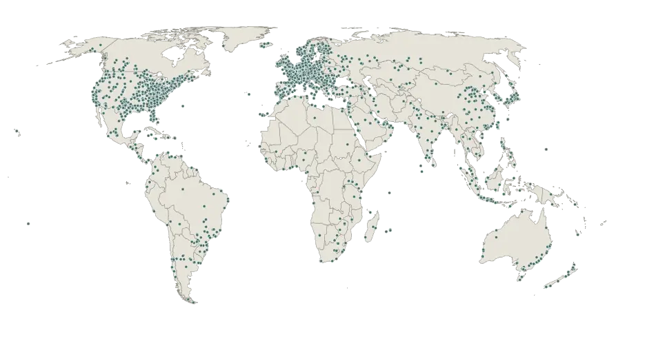 Mapa de grandes centros de datos conocidos públicamente. Fuente: State of the Fossil-Free Internet 2026, The Green Web Foundation / Data Center Map.